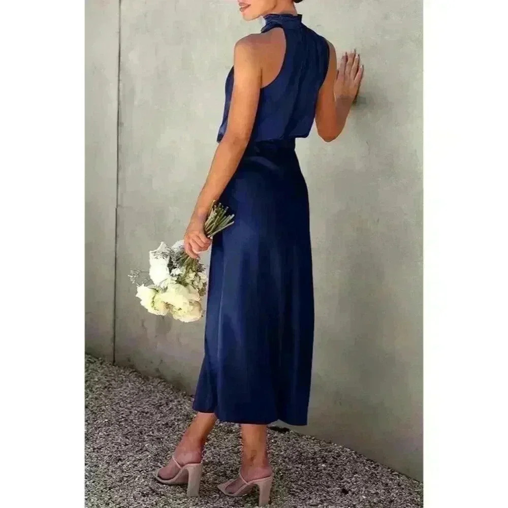 NWT PRETTYGARDEN Navy Satin Elegant Sleeveless Mock Neck Dress, Size M - Picture 3 of 16
